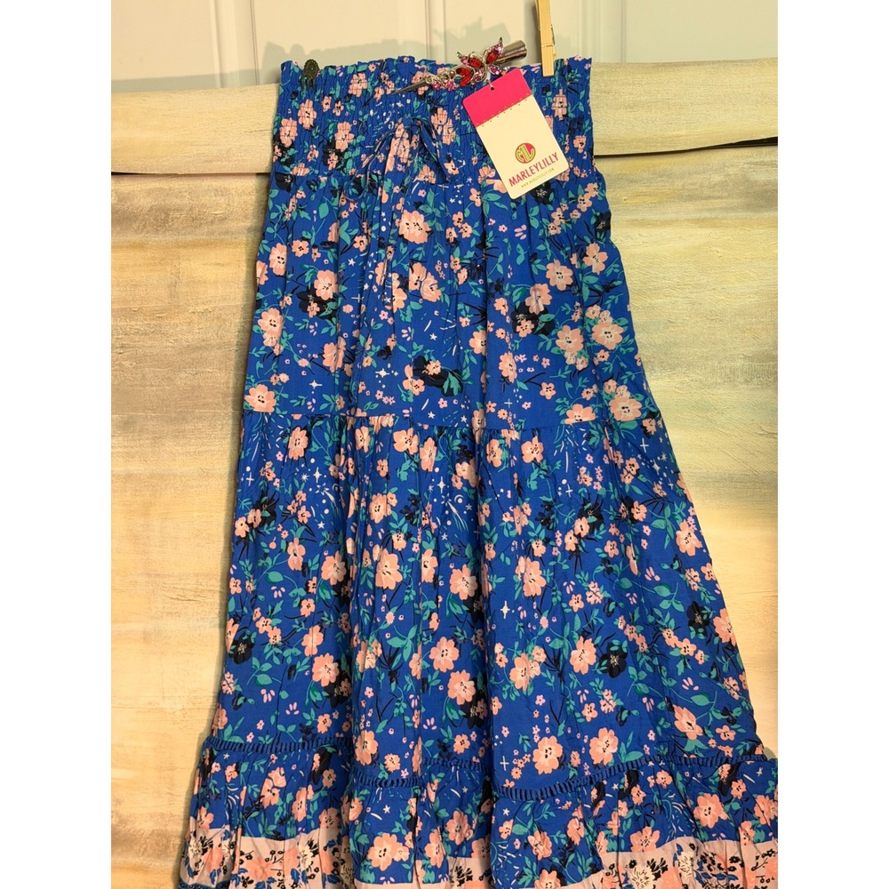 Marleylilly Blue Floral Smocked Midi Skirt WBT4218-BLFL NWT Size S/M
